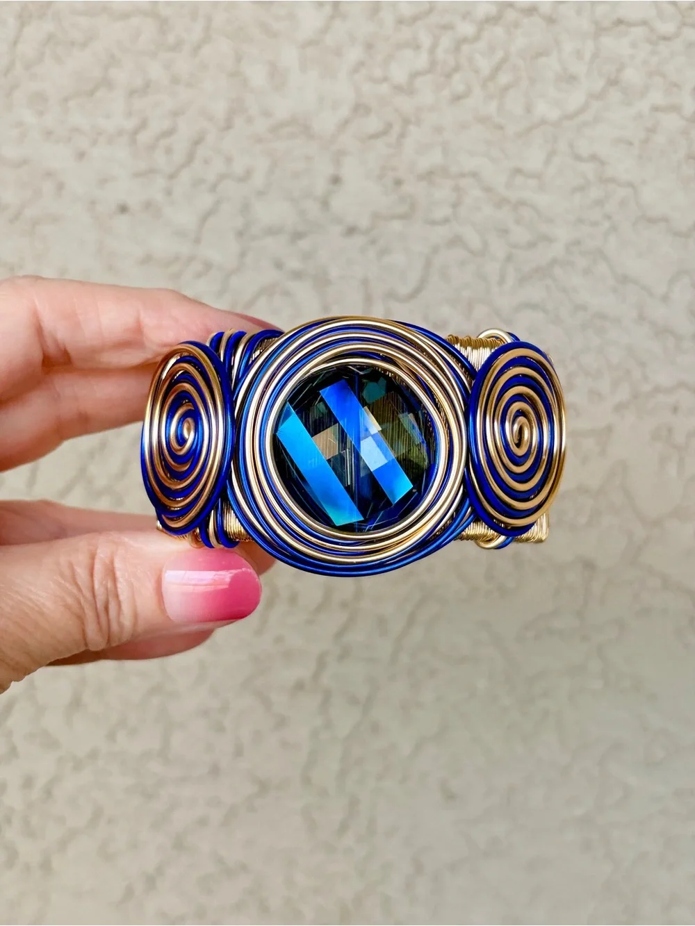 Sparkling Blue and Gold Wire Wrapped Cuff Bracelet